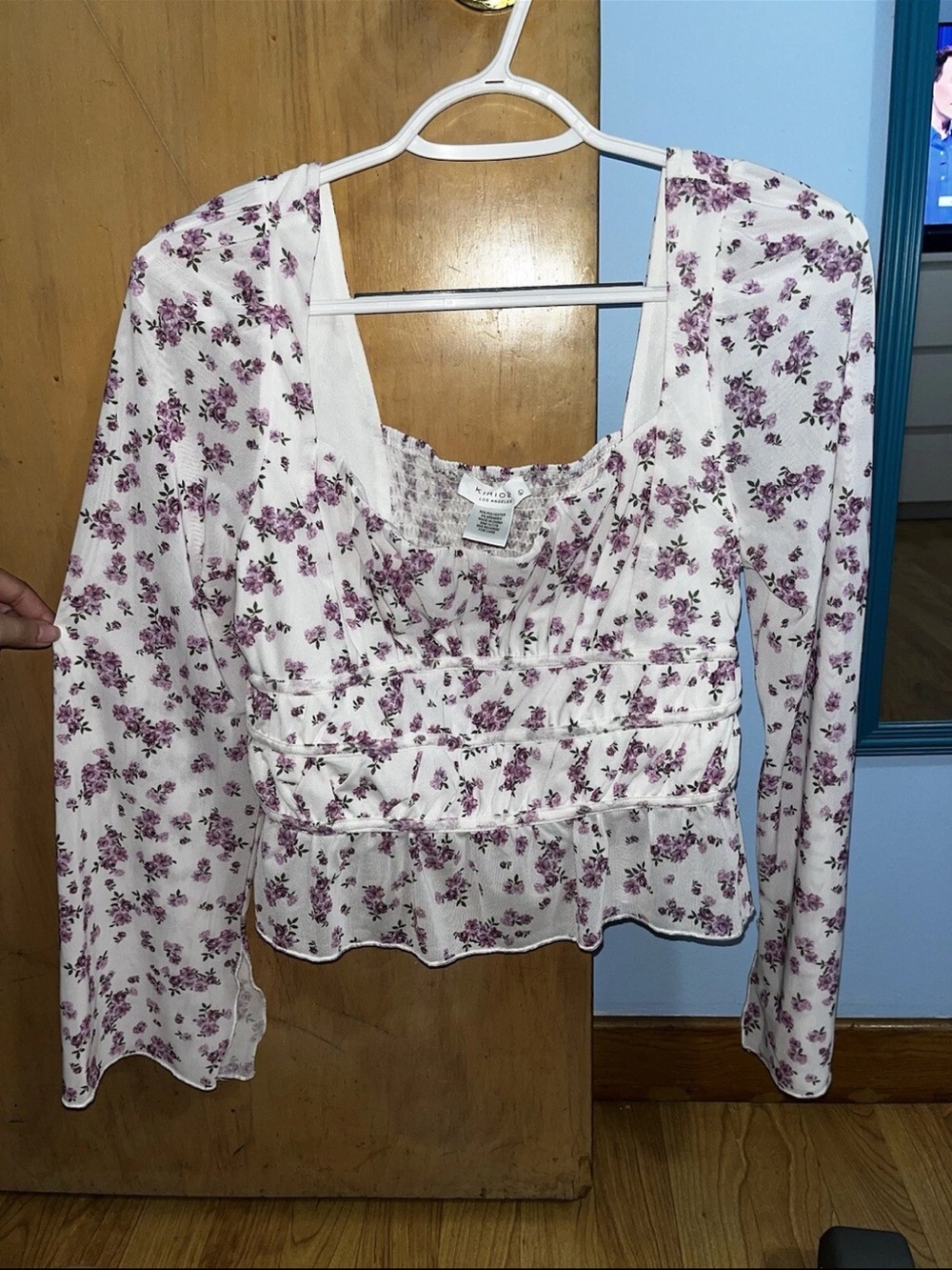 Floral Long-Sleeve Peplum Top - White with Purple Flowers